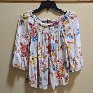 Women's Floral Blouse - Off-White with Multicolor Flowers